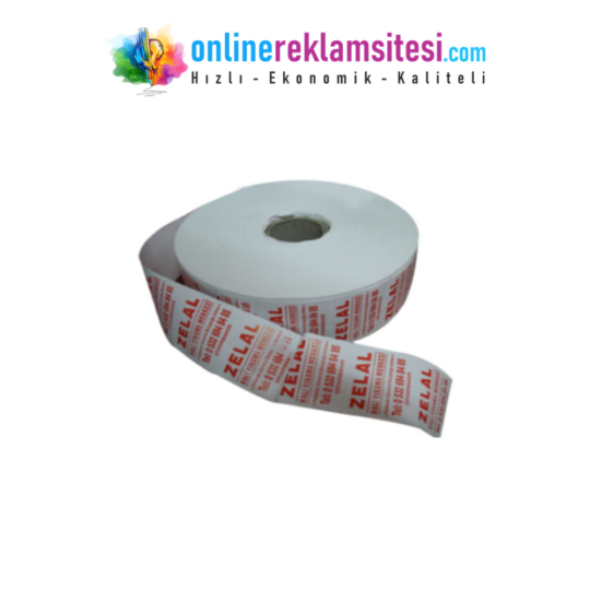 Zelal Halı Yıkama Merkezi logolu, kırmızı baskılı beyaz rulo halı takip etiketi örneği.
