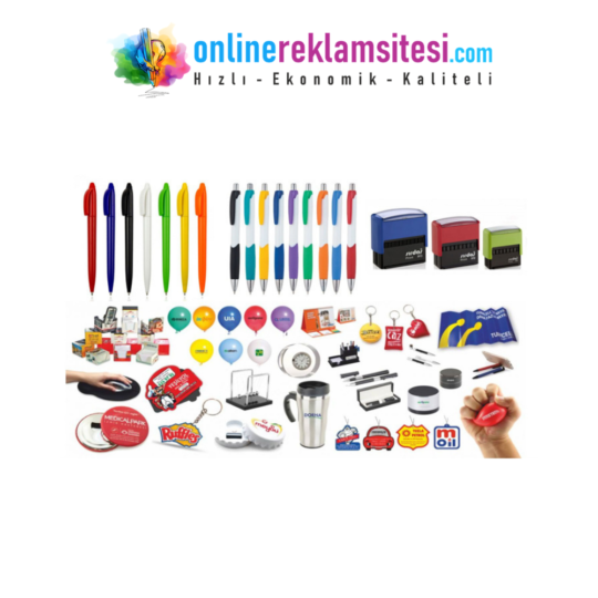 Renkli kalemler, kaşeler, balonlar ve çeşitli ofis promosyon ürünlerinin toplu görseli